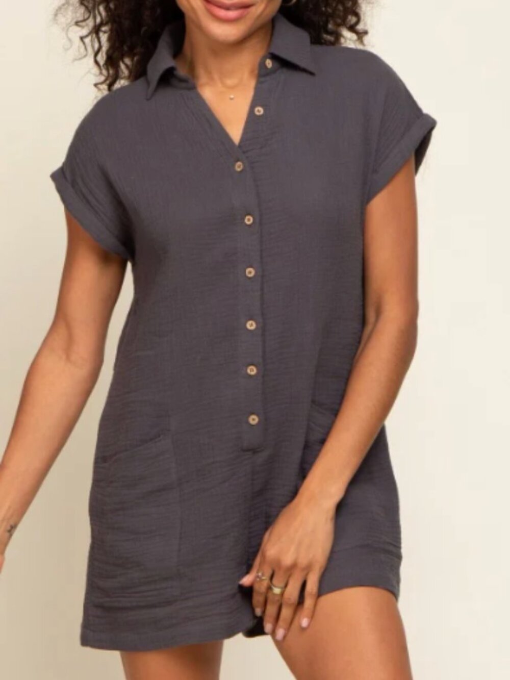 Charcoal Gauze Button Up Front Pocket Romper